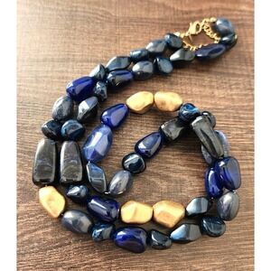 NRG Navy Blue and Gold Chunky Statement Necklace Beaded Tumbled Stone Style